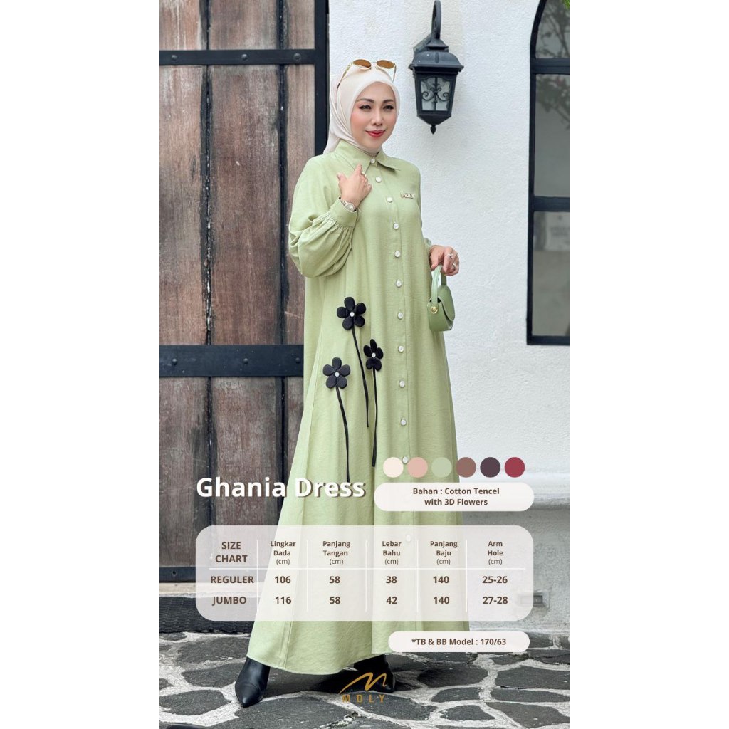 MDLY Baju gamis wanita muslim/Baju Busana Gamis Polos Premium with 3D Flowers/Ghania Dress by MDLY