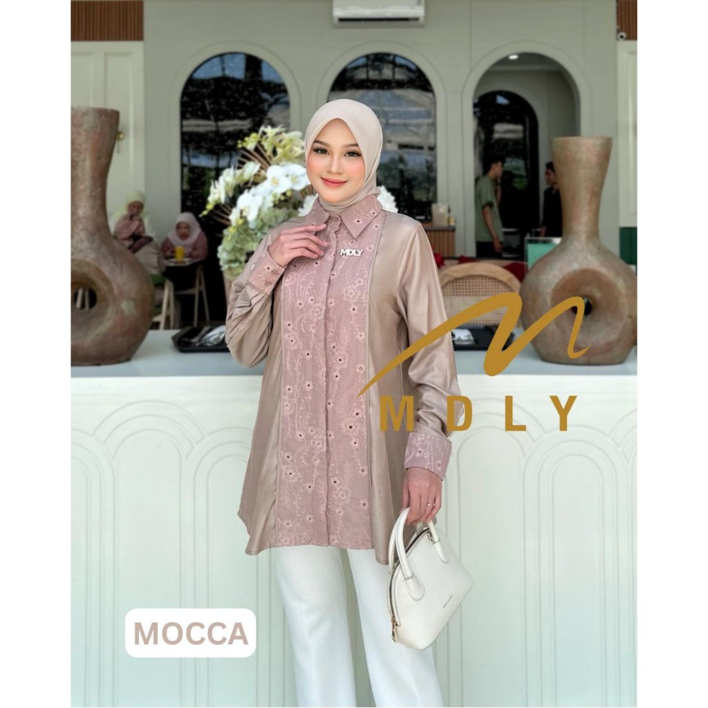MDLY Baju kemeja atasan wanita/Kemeja Premium Motif Bordir/Baju Warna Cream/Fazren Shirt by MDLY