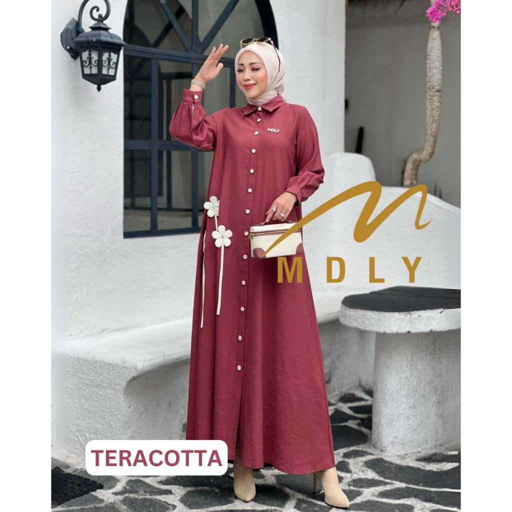 MDLY Baju gamis wanita muslim/Baju Busana Gamis Polos Premium with 3D Flowers/Ghania Dress by MDLY