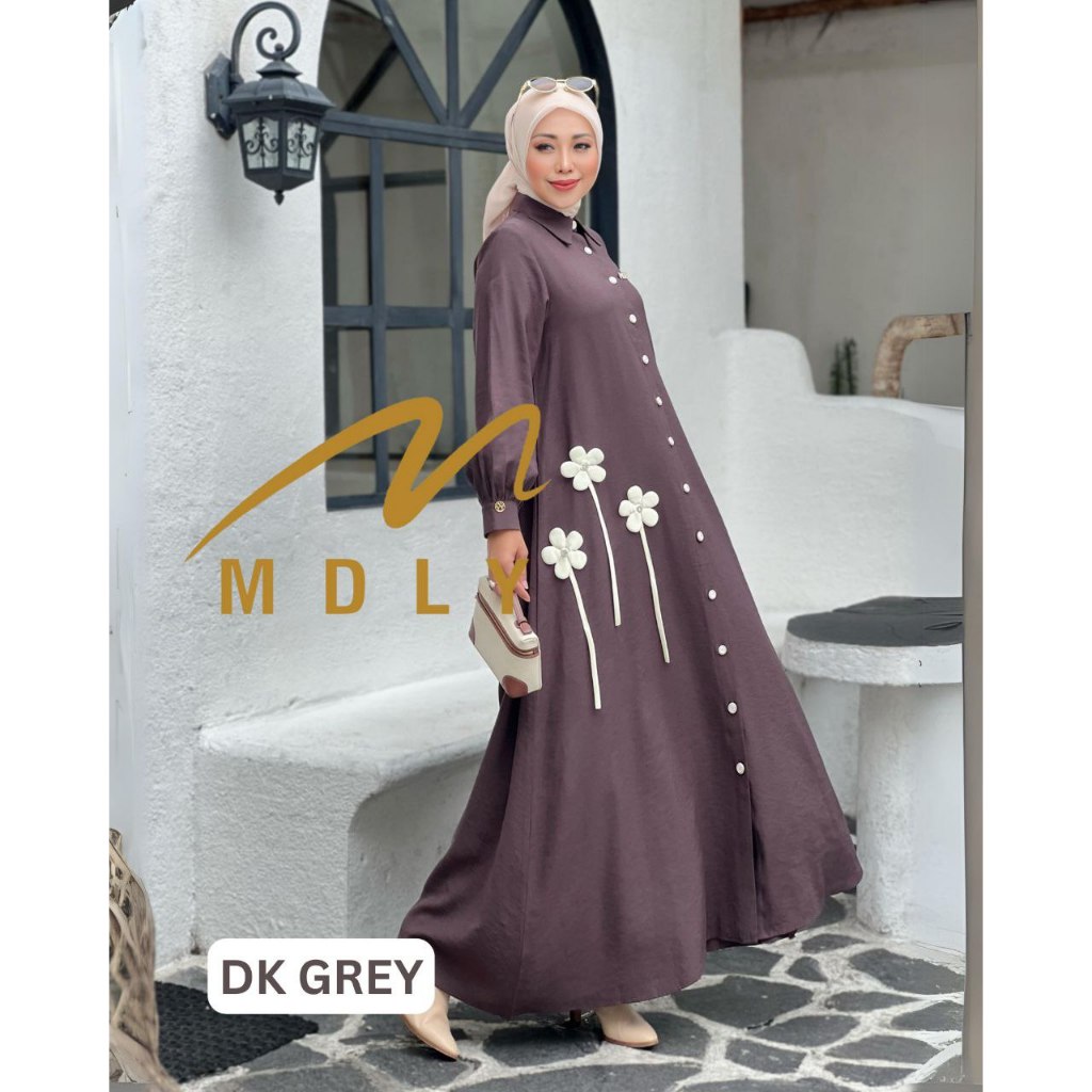 MDLY Baju gamis wanita muslim/Baju Busana Gamis Polos Premium with 3D Flowers/Ghania Dress by MDLY