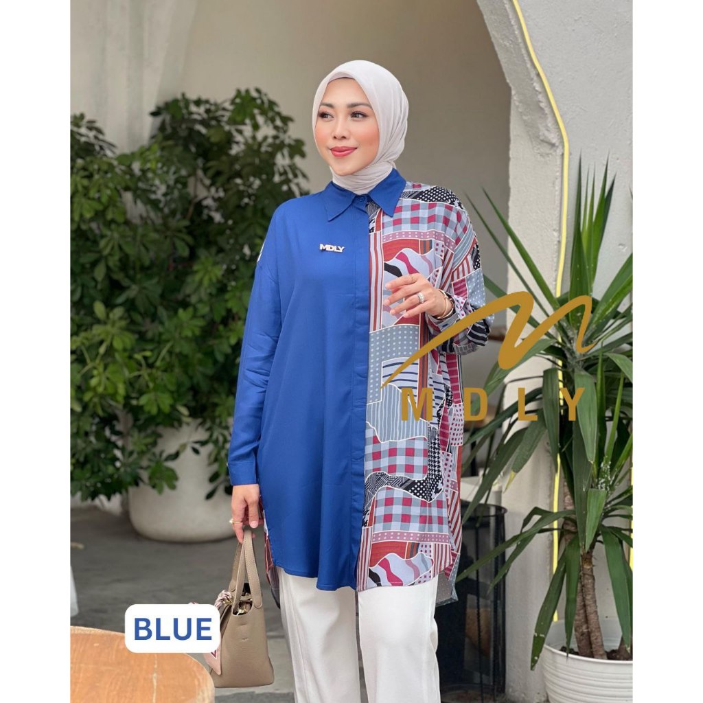 MDLY Baju atasan wanita muslim/Baju Tunik Kombinasi Motif Print/Atasan Tunik/Aimee Tunic by MDLY