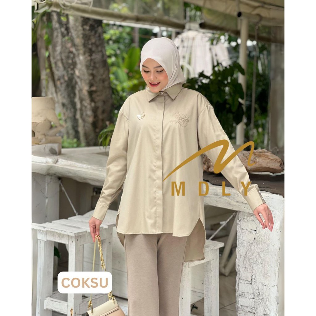 MDLY baju kemeja atasan wanita/Kemeja Polos Motif Bordir Casual Trendy Kekinian/Elea Shirt by Mdly