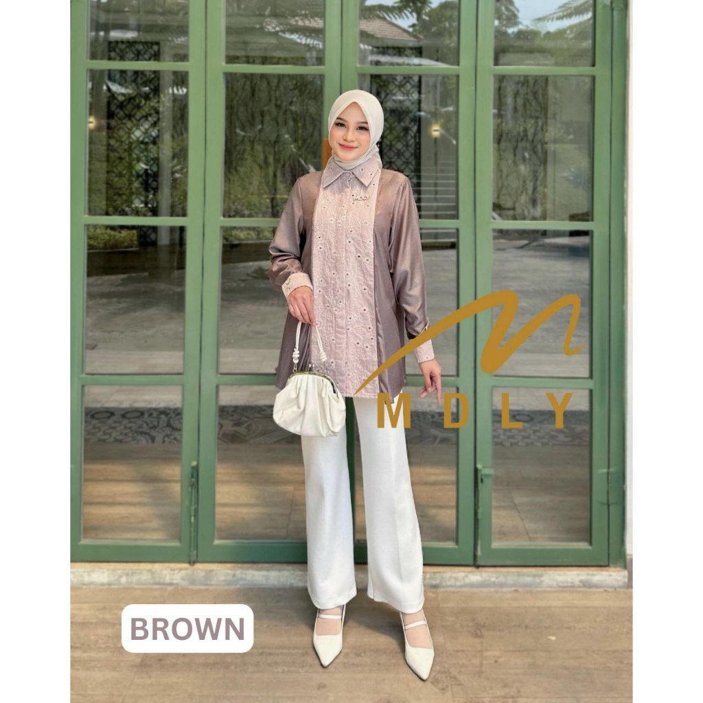 MDLY Baju kemeja atasan wanita/Kemeja Premium Motif Bordir/Baju Warna Cream/Fazren Shirt by MDLY