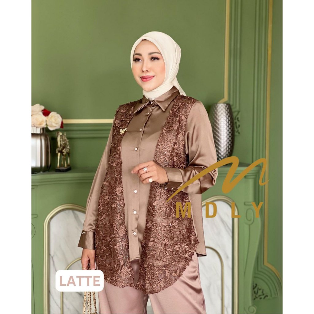 MDLY Baju setelan wanita/One Set Celana/Setelan Celana Kombinasi Bordir dan Silk/Nieva Set by MDLY