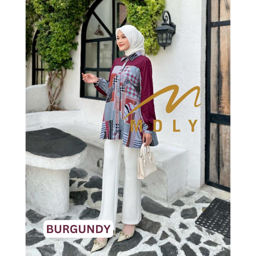 MDLY Baju kemeja atasan wanita/Kemeja Panjang Casual/Kemeja Daily Motif Print/Livia Shirt by MDLY