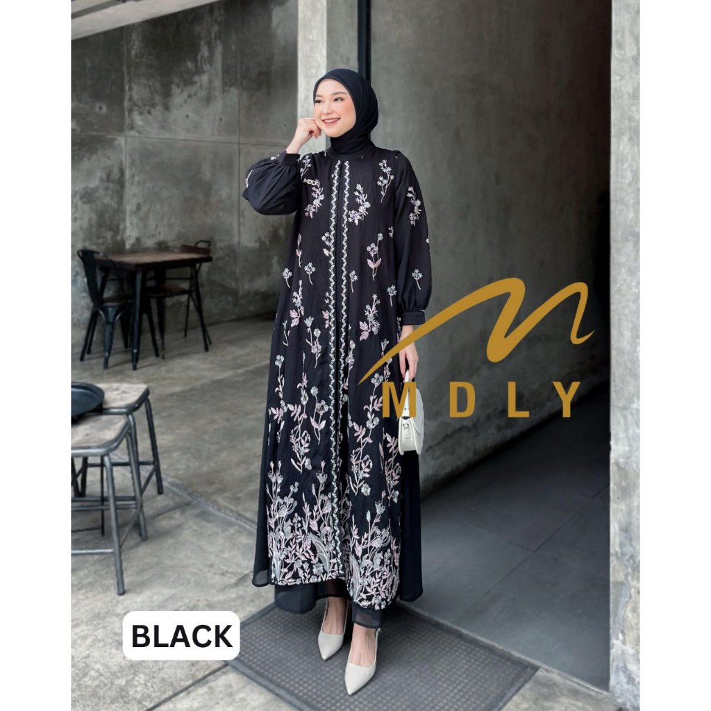 MDLY Baju gamis Wanita/Gamis Premium Motif Bordir Exclusive Kombinasi Outer/Ashita Dress by MDLY