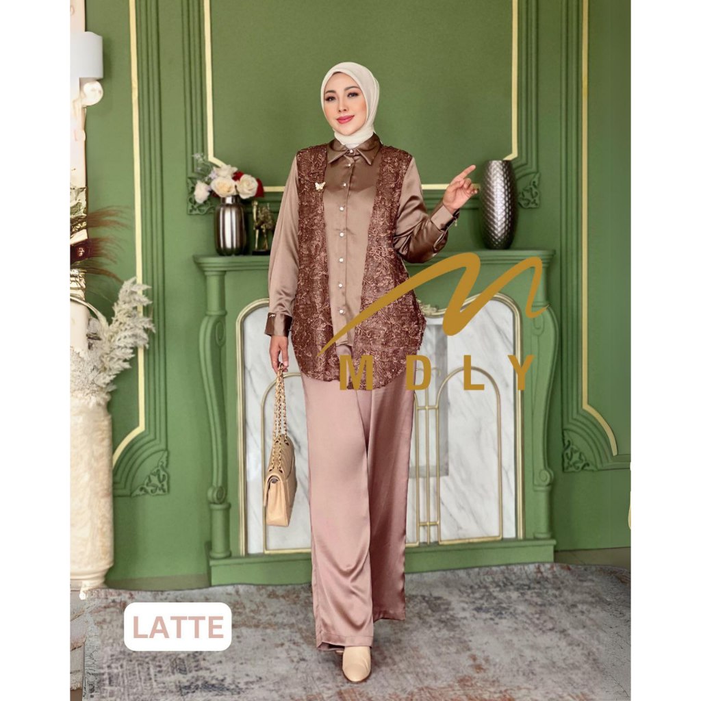 MDLY Baju setelan wanita/One Set Celana/Setelan Celana Kombinasi Bordir dan Silk/Nieva Set by MDLY