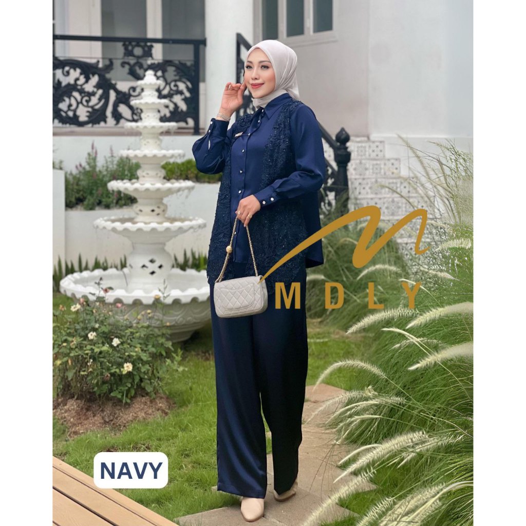 MDLY Baju setelan wanita/One Set Celana/Setelan Celana Kombinasi Bordir dan Silk/Nieva Set by MDLY
