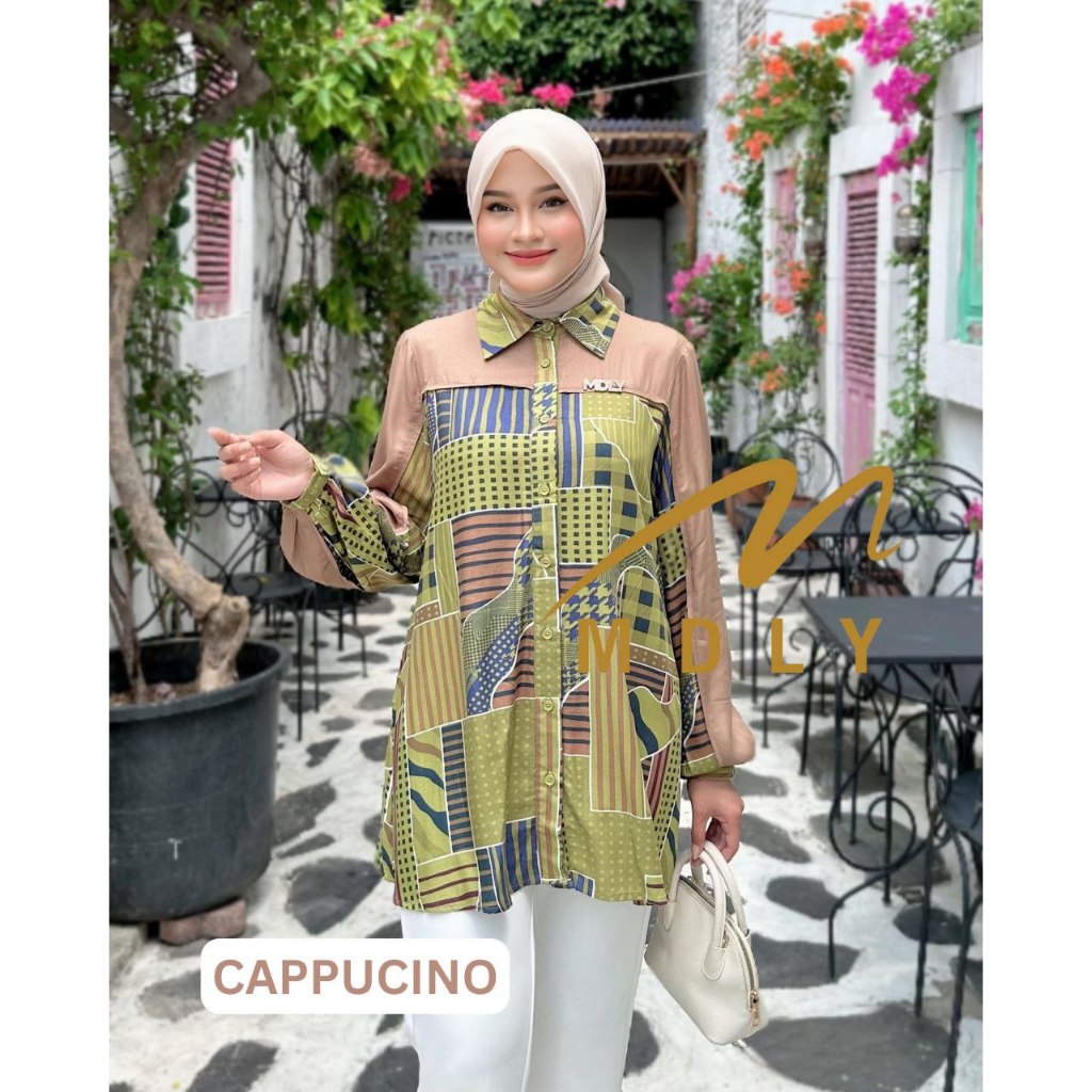 MDLY Baju kemeja atasan wanita/Kemeja Panjang Casual/Kemeja Daily Motif Print/Livia Shirt by MDLY