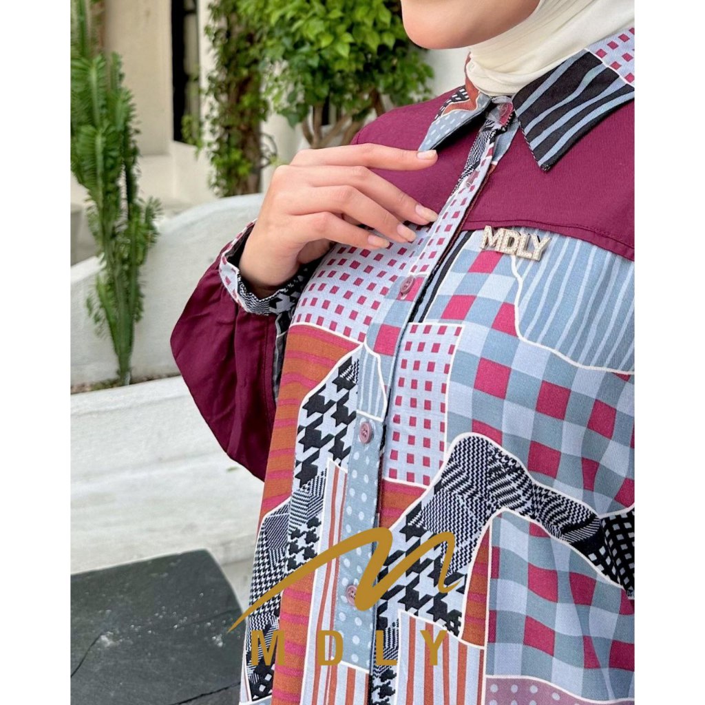 MDLY Baju kemeja atasan wanita/Kemeja Panjang Casual/Kemeja Daily Motif Print/Livia Shirt by MDLY