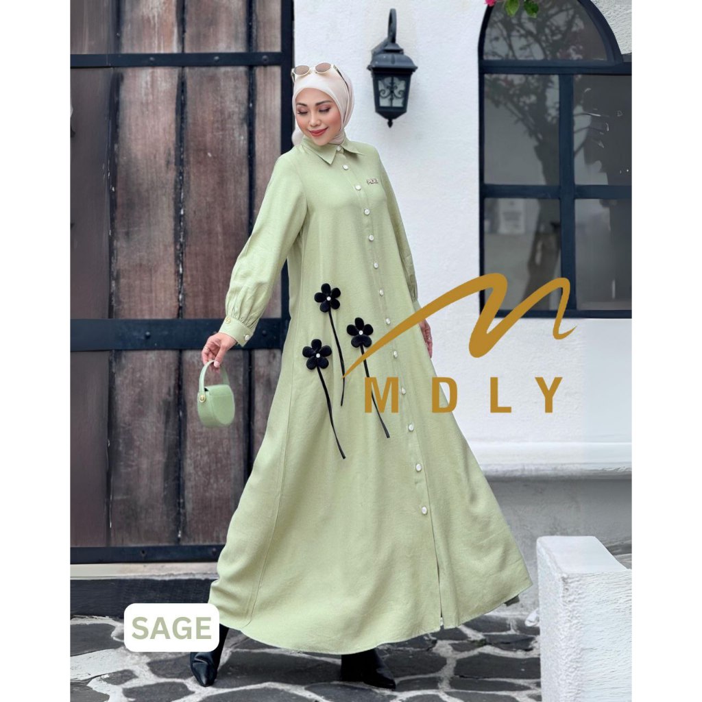 MDLY Baju gamis wanita muslim/Baju Busana Gamis Polos Premium with 3D Flowers/Ghania Dress by MDLY