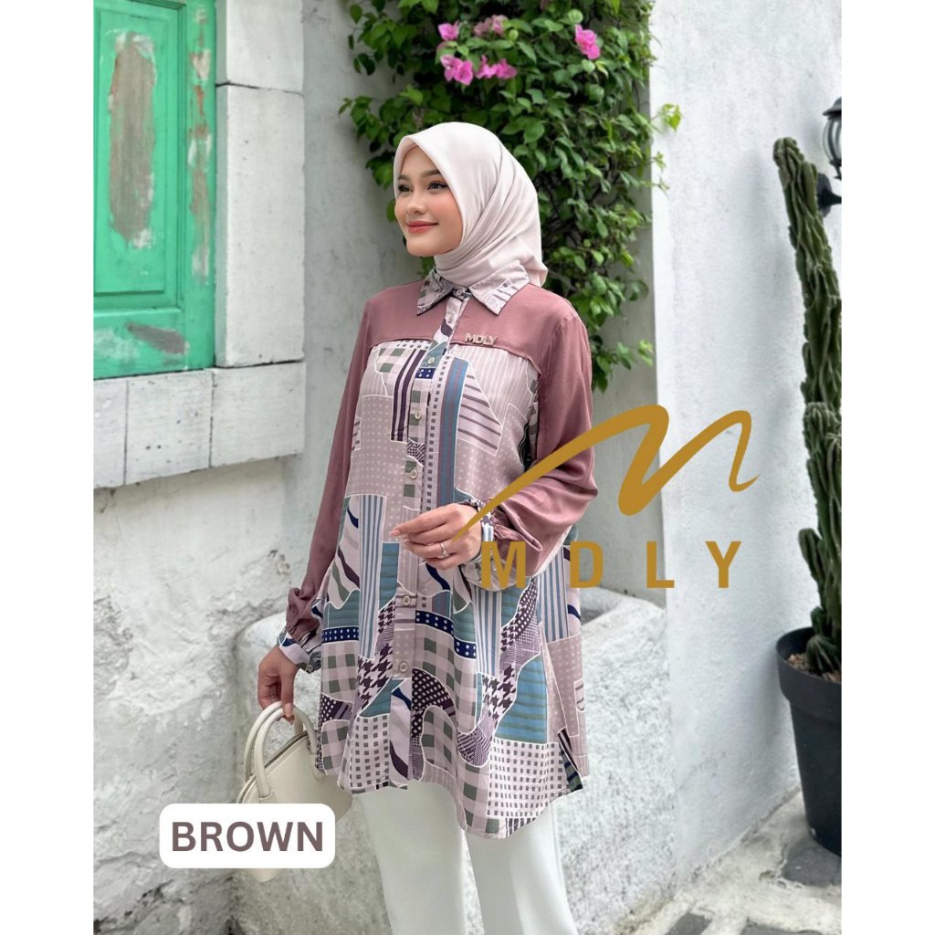 MDLY Baju kemeja atasan wanita/Kemeja Panjang Casual/Kemeja Daily Motif Print/Livia Shirt by MDLY