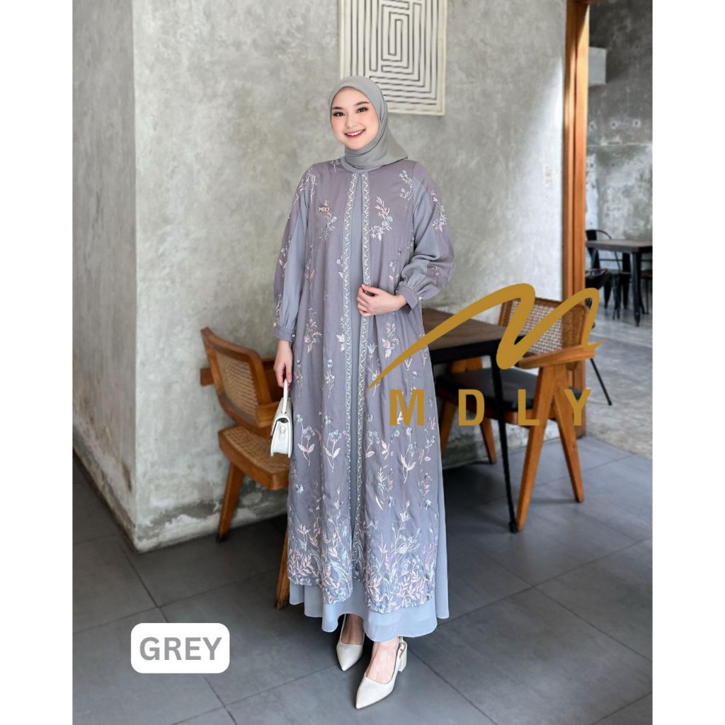 MDLY Baju gamis Wanita/Gamis Premium Motif Bordir Exclusive Kombinasi Outer/Ashita Dress by MDLY