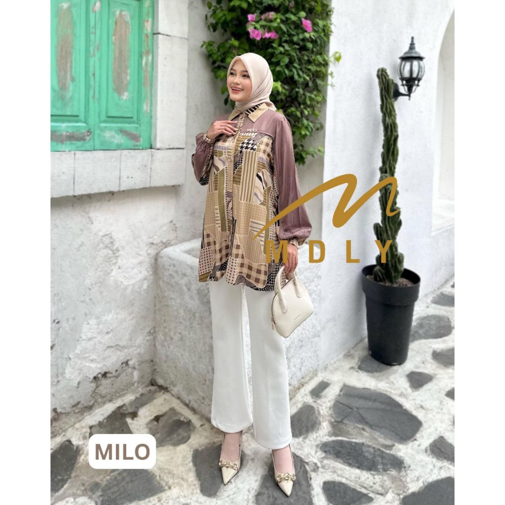 MDLY Baju kemeja atasan wanita/Kemeja Panjang Casual/Kemeja Daily Motif Print/Livia Shirt by MDLY