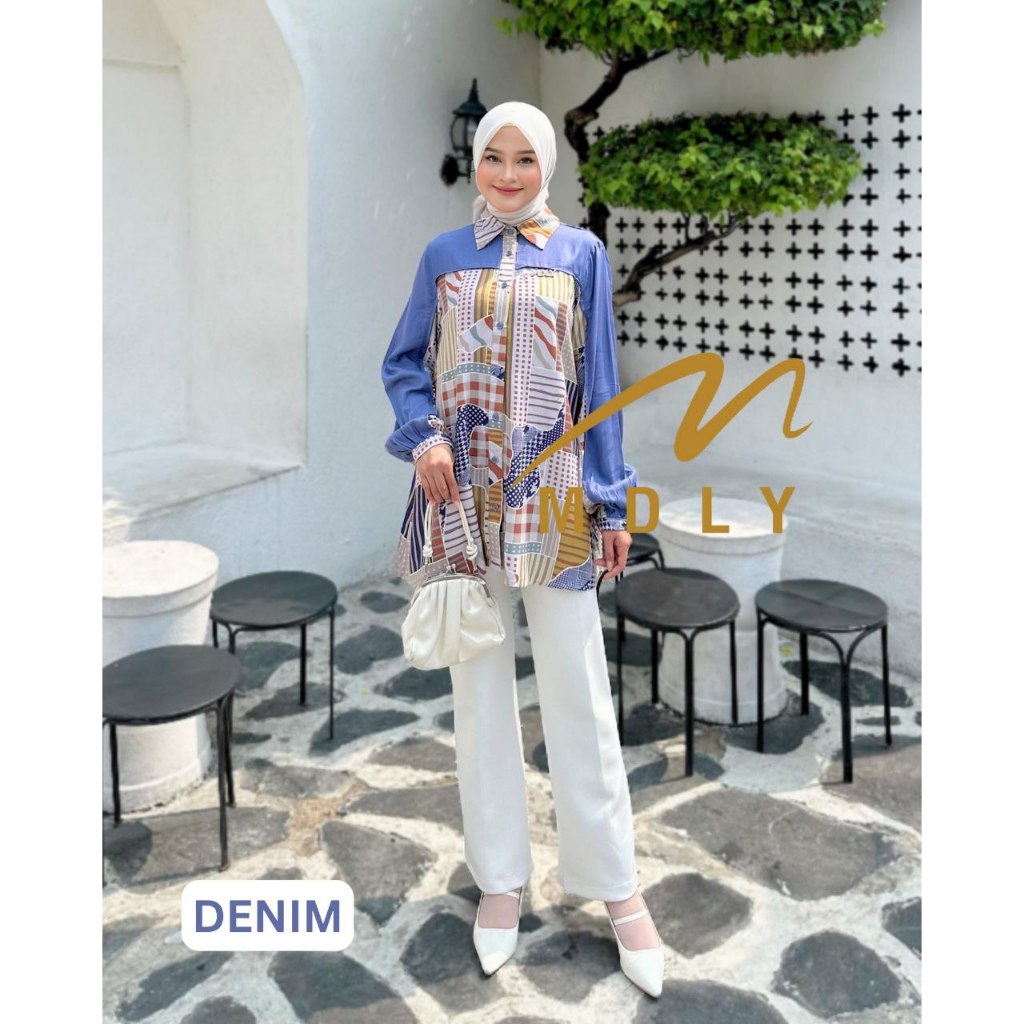 MDLY Baju kemeja atasan wanita/Kemeja Panjang Casual/Kemeja Daily Motif Print/Livia Shirt by MDLY