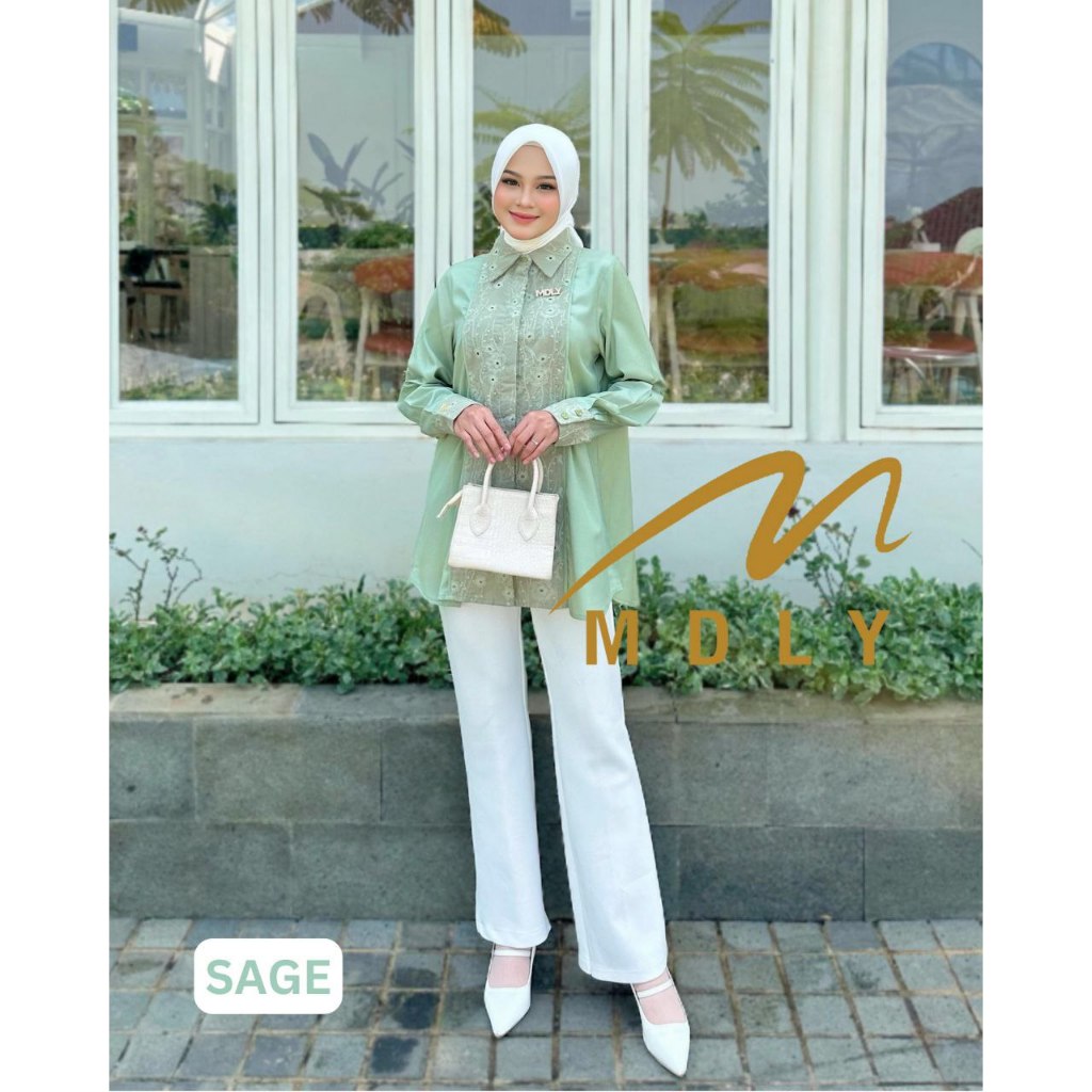 MDLY Baju kemeja atasan wanita/Kemeja Premium Motif Bordir/Baju Warna Cream/Fazren Shirt by MDLY