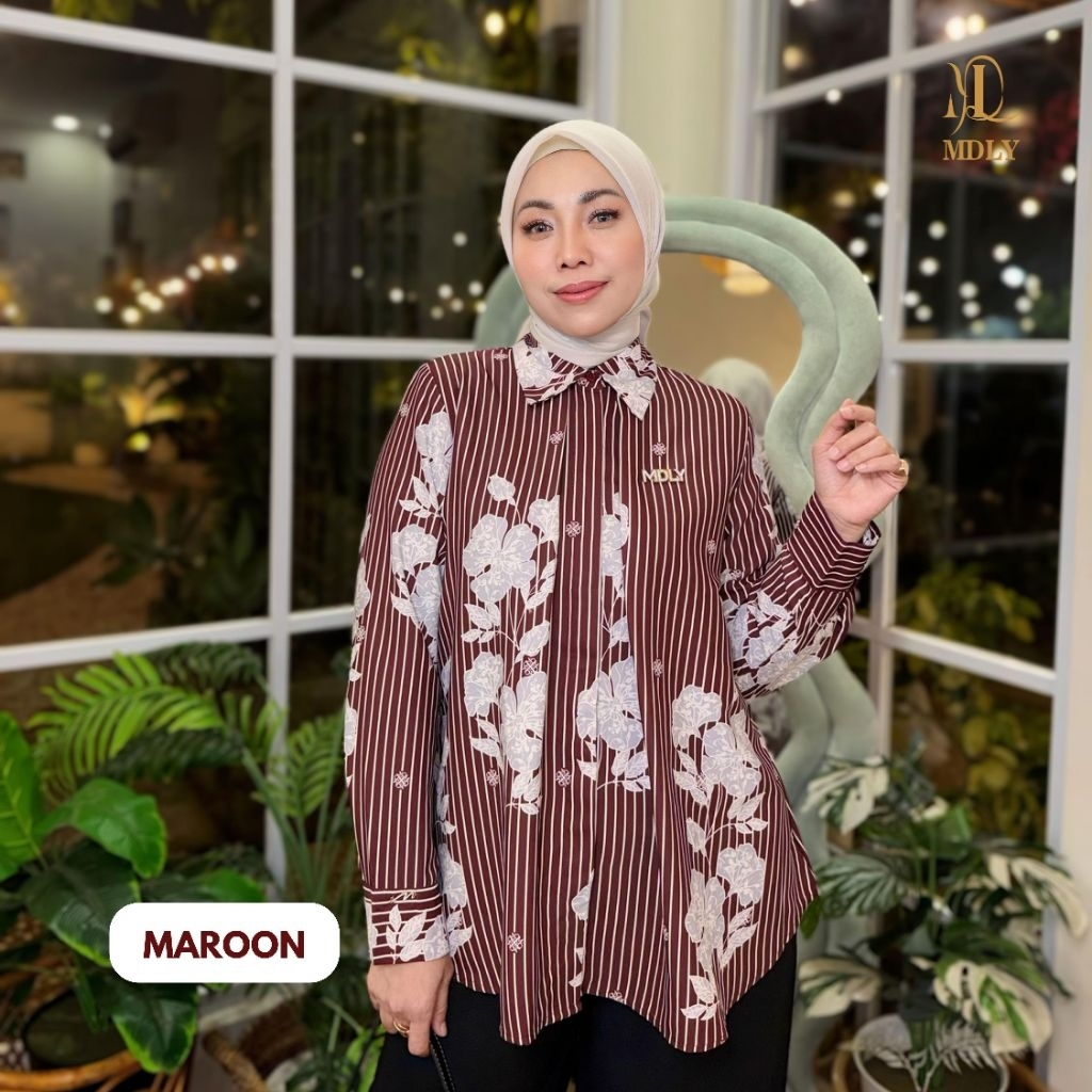 Baju Wanita Kemeja Lengan Panjang Elegan Kekinian Casual Motif Print/Lady Fleur Shirt by MDLY