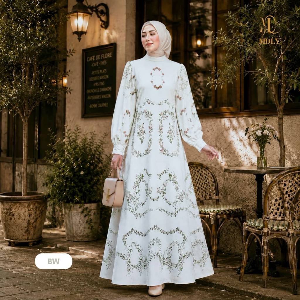 MDLY Floretta Dress Gamis Premium Motif Print Monogram Silky Luxe Mewah Elegan