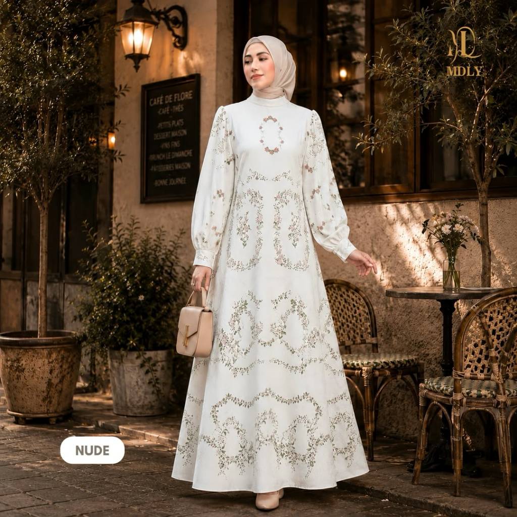 MDLY Floretta Dress Gamis Premium Motif Print Monogram Silky Luxe Mewah Elegan
