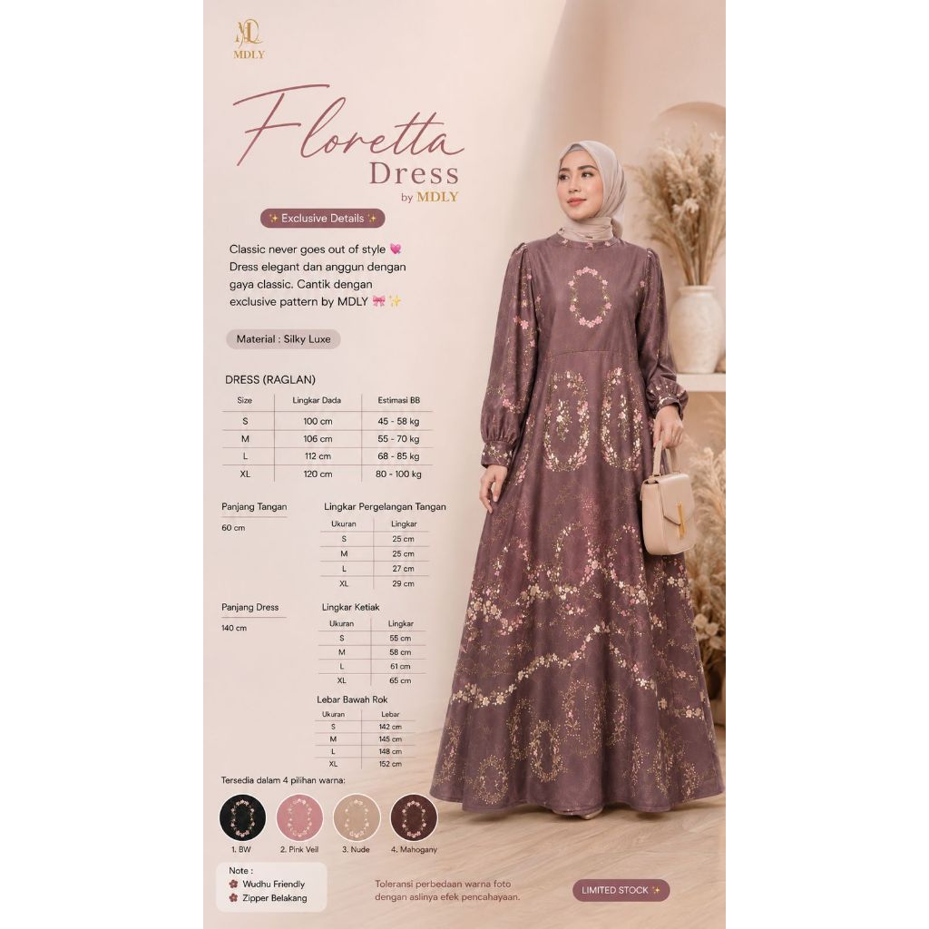MDLY Floretta Dress Gamis Premium Motif Print Monogram Silky Luxe Mewah Elegan