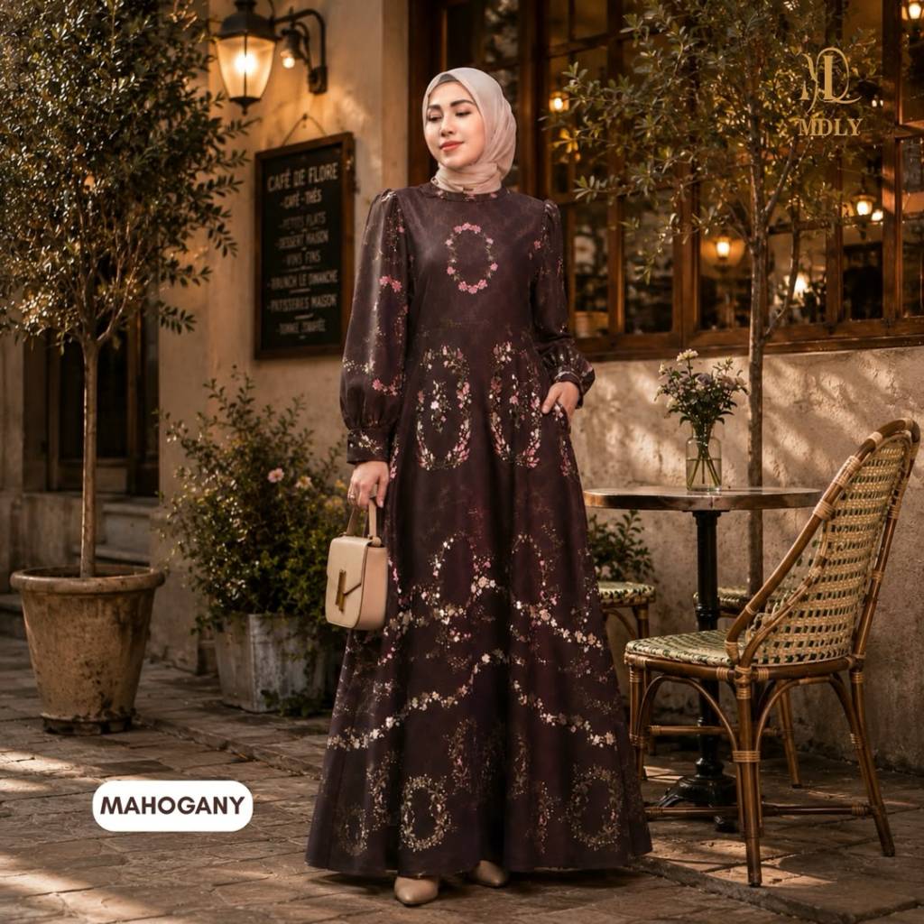 MDLY Floretta Dress Gamis Premium Motif Print Monogram Silky Luxe Mewah Elegan