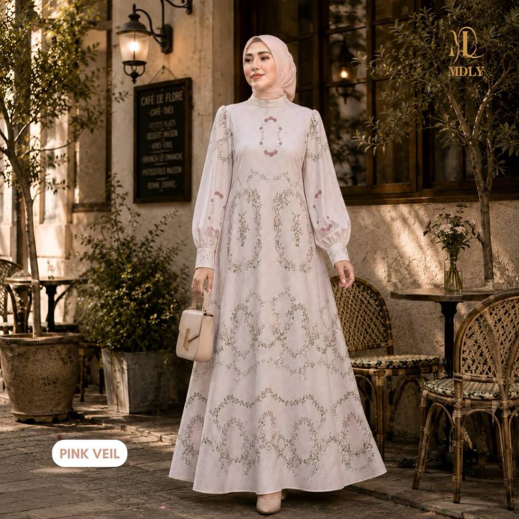 MDLY Floretta Dress Gamis Premium Motif Print Monogram Silky Luxe Mewah Elegan