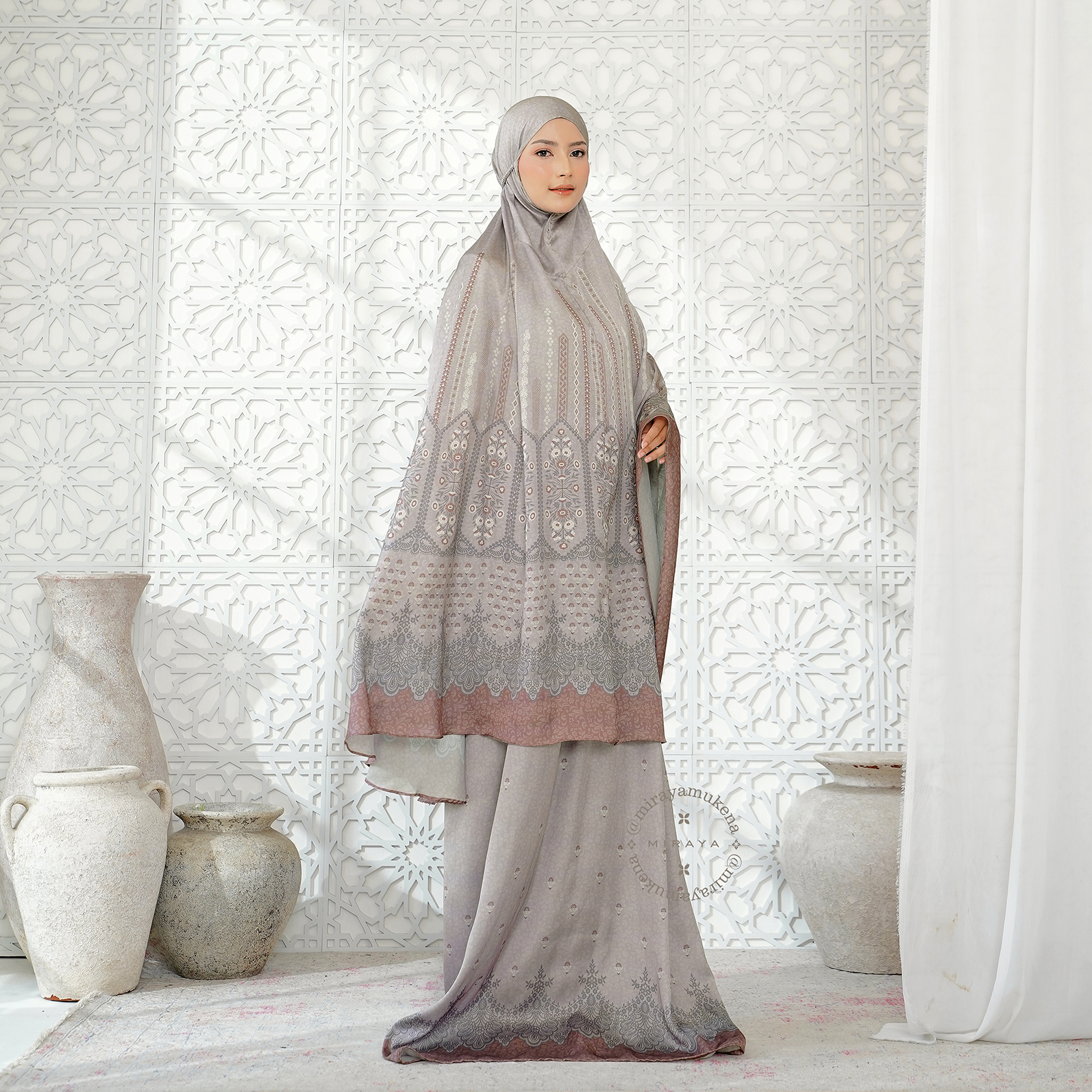 Mukena Travel Printing Miraya Frilly Silver