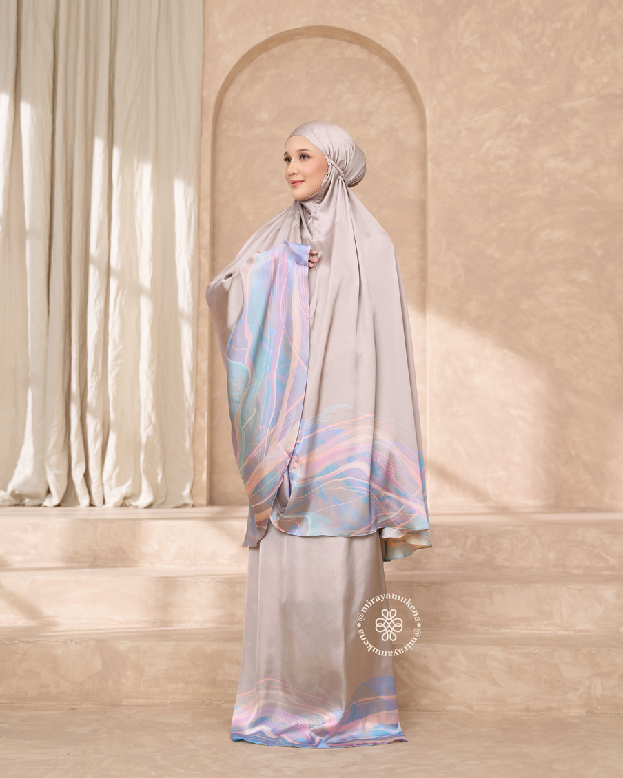 Mukena Travel Printing Miraya Flare Pearl Grey