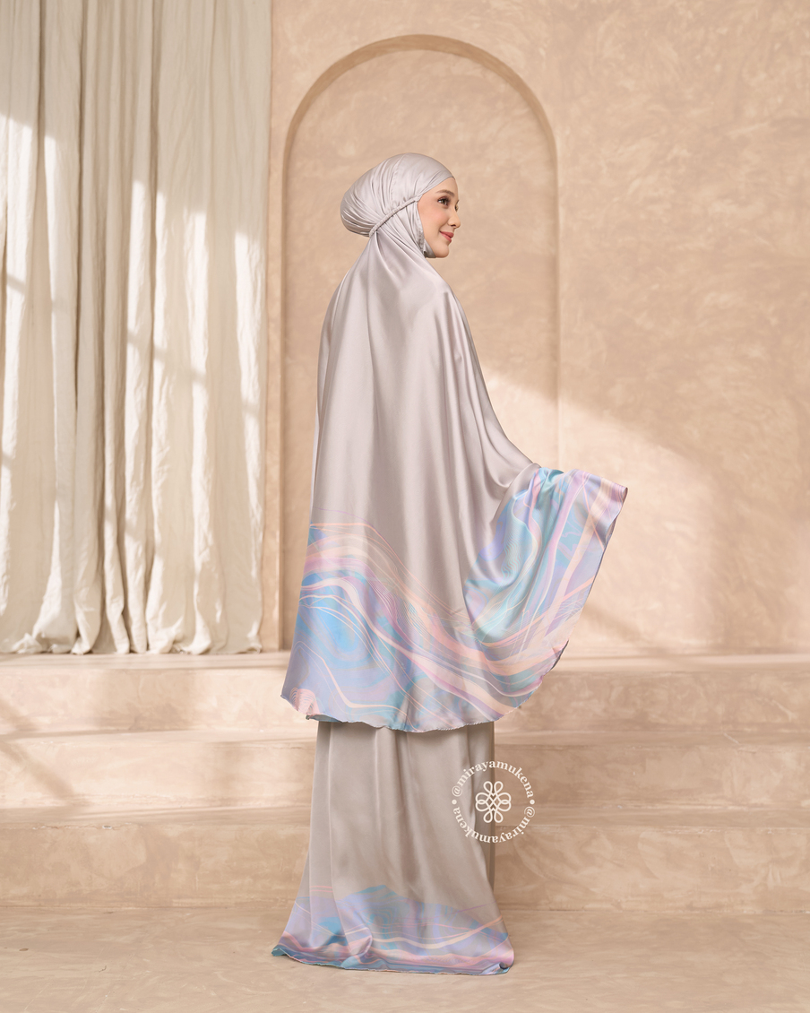 Mukena Travel Printing Miraya Flare Pearl Grey