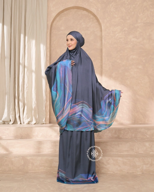Image of Mukena Travel Printing Miraya Flare Navy