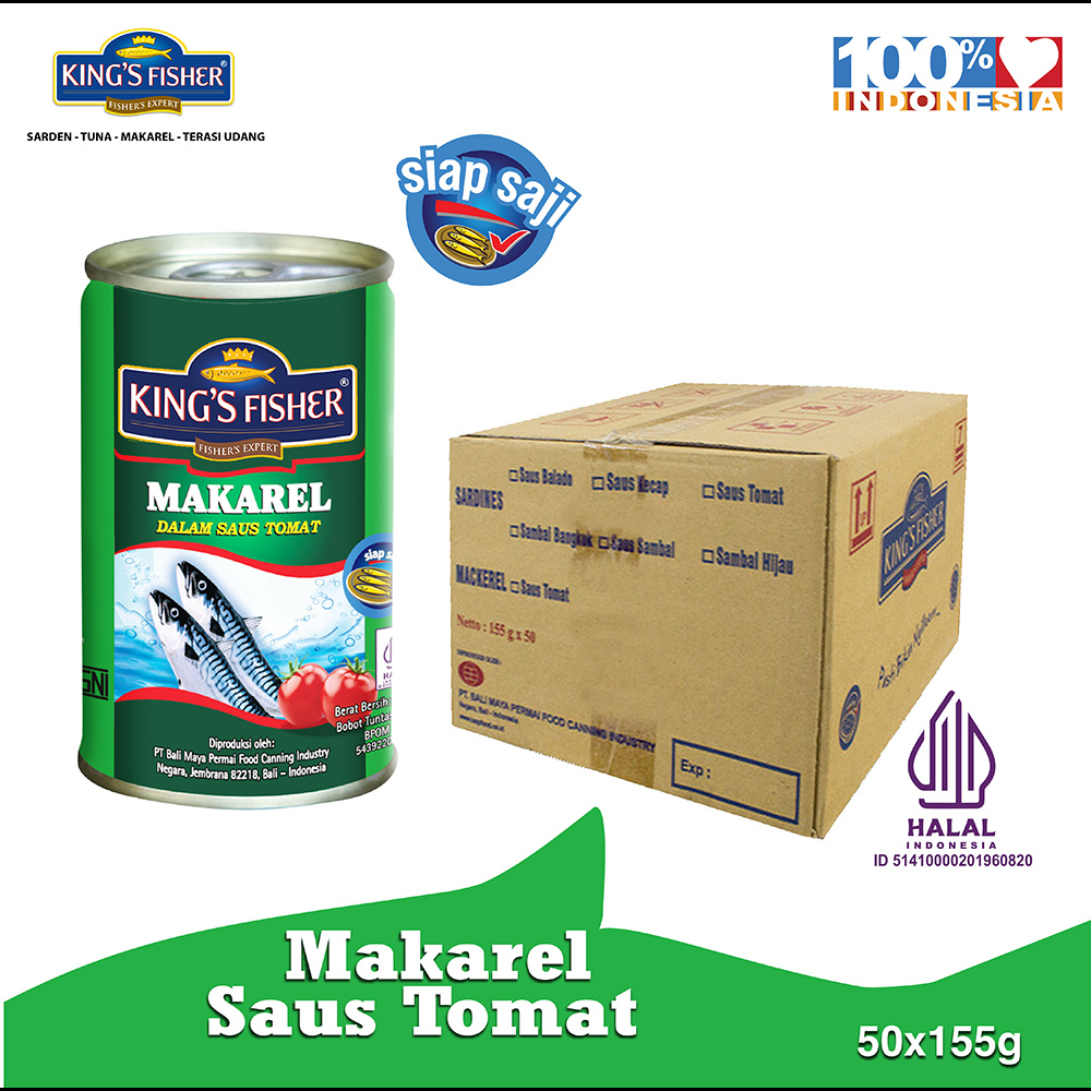 Paket 1 dus 50pc Kings Fisher makarel saus Tomat Makanan Kaleng 155g
