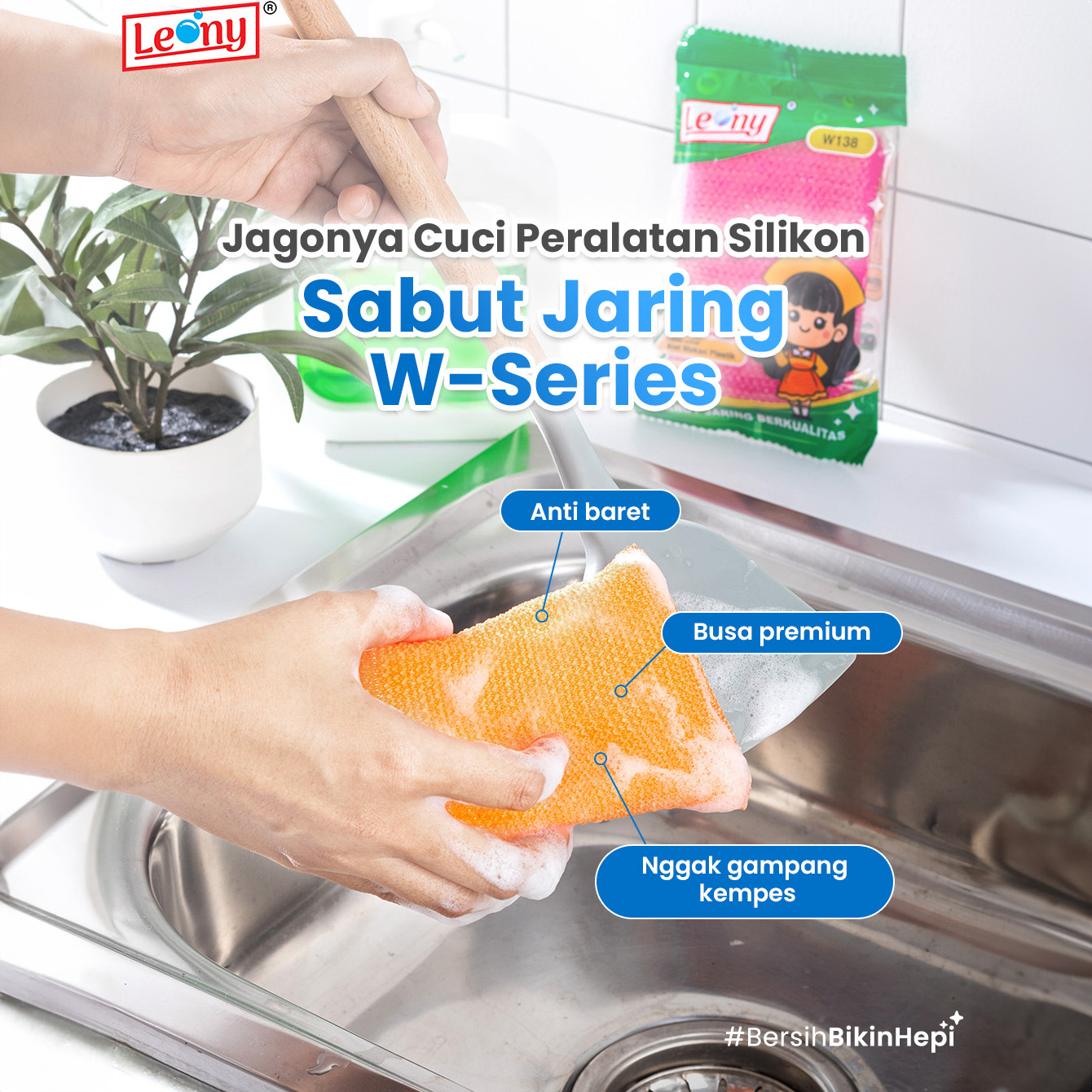 Leony Sabut Spons Jaring Plastik W138 - Spon Cuci Piring Anti Gores 11x8.5cm