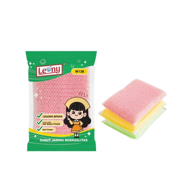 Leony Sabut Spons Jaring Plastik W138 - Spon Cuci Piring Anti Gores 11x8.5cm
