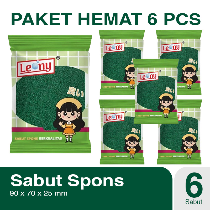 Paket 6 Pcs Sabut Spon Cuci Piring Dapur Leony Hijau Kuning Spons Reguler Busa Ampuh Angkat Noda Membandel