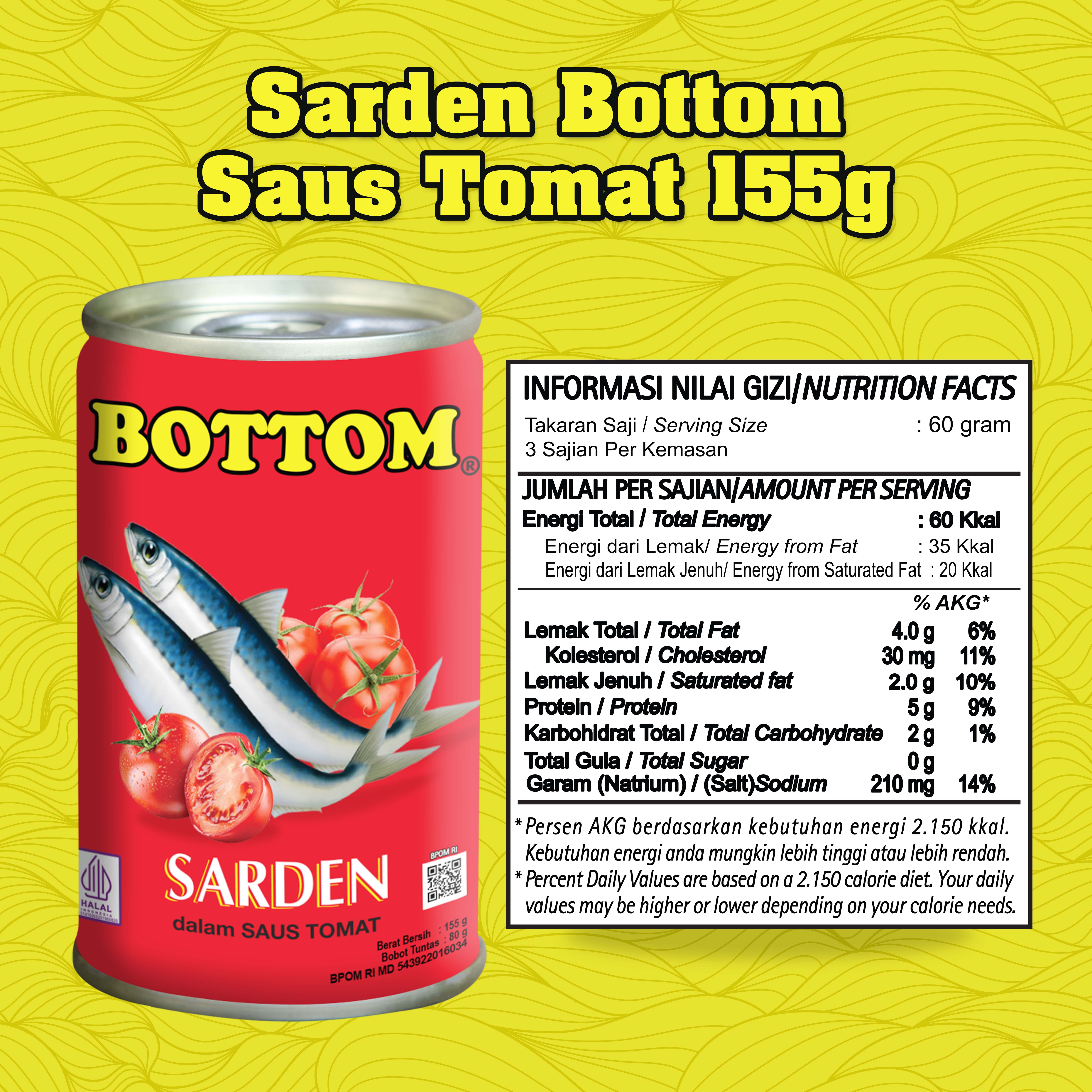 Paket 2 pcs Bottom Sarden mini saus tomat Makanan Ikan Kaleng 155 g