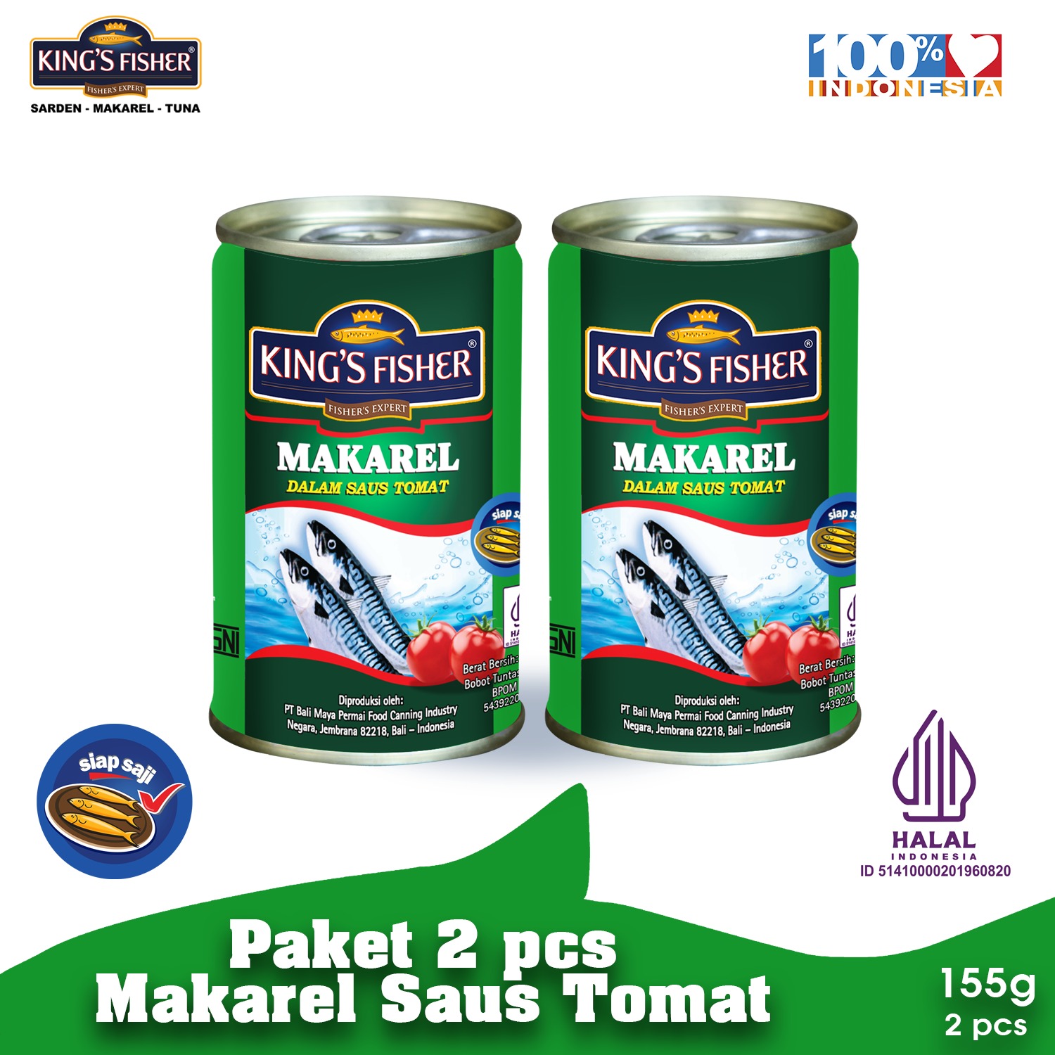 Paket 2 pcs King's Fisher makarel mini saus Tomat Makanan Kaleng 155 g kings fisher