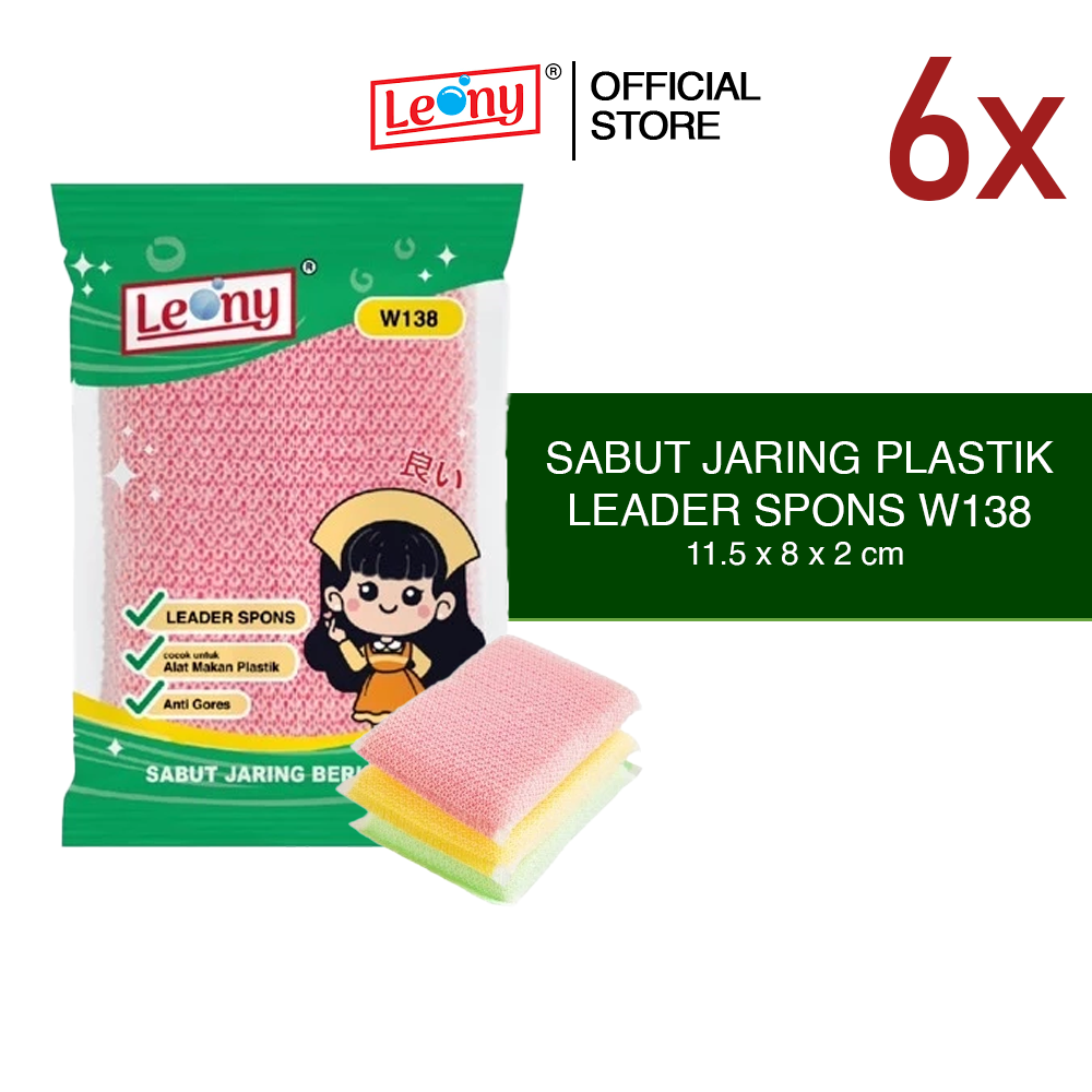 6 Pcs Leony Sabut Spons Jaring Plastik W138 - Spon Cuci Piring Anti Gores 11x8.5cm