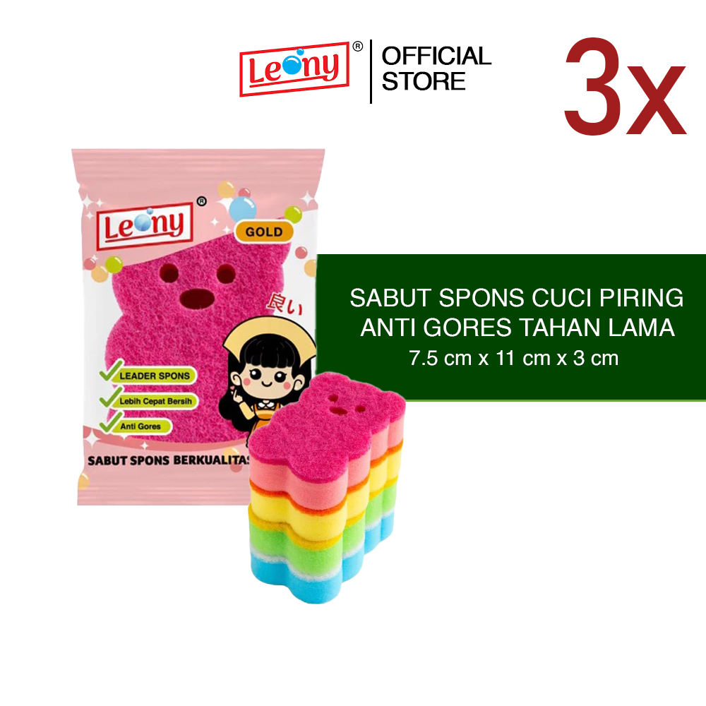 3 Pcs Leony Gold Sabut Spons Cuci Piring Anti Gores Bersih Tahan Lama