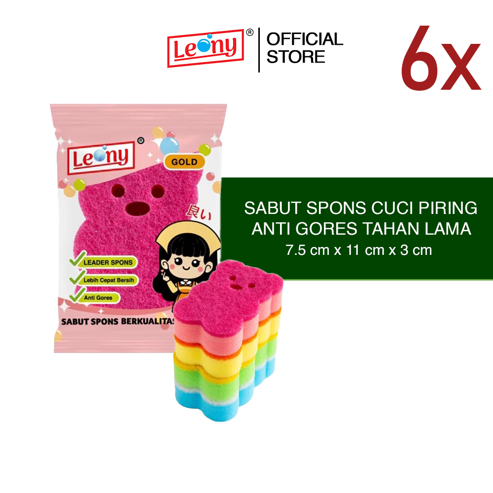 6 Pcs Leony Gold Sabut Spons Cuci Piring Anti Gores Bersih Tahan Lama
