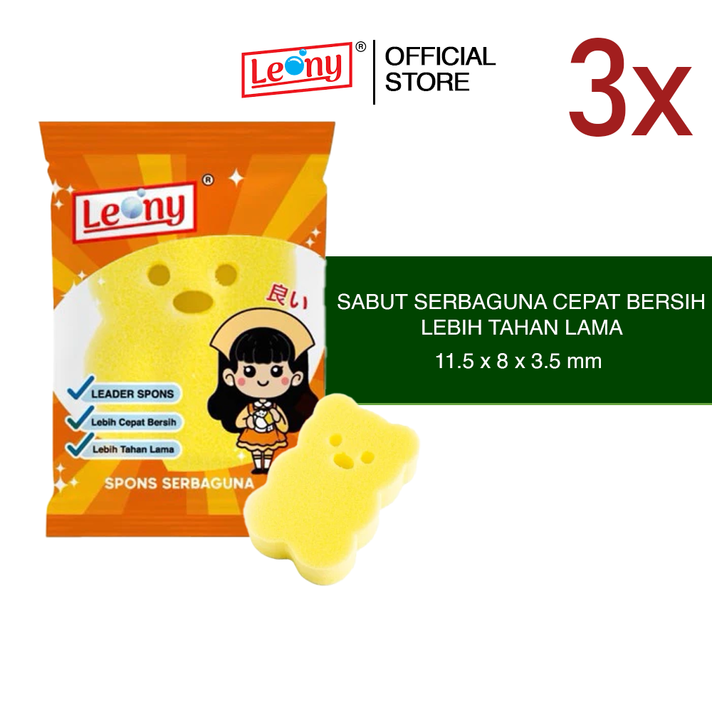 3 Pcs Leony Fluffy Bear Spons Serbaguna Anti Gores Bersihkan Alat Masak Perabot