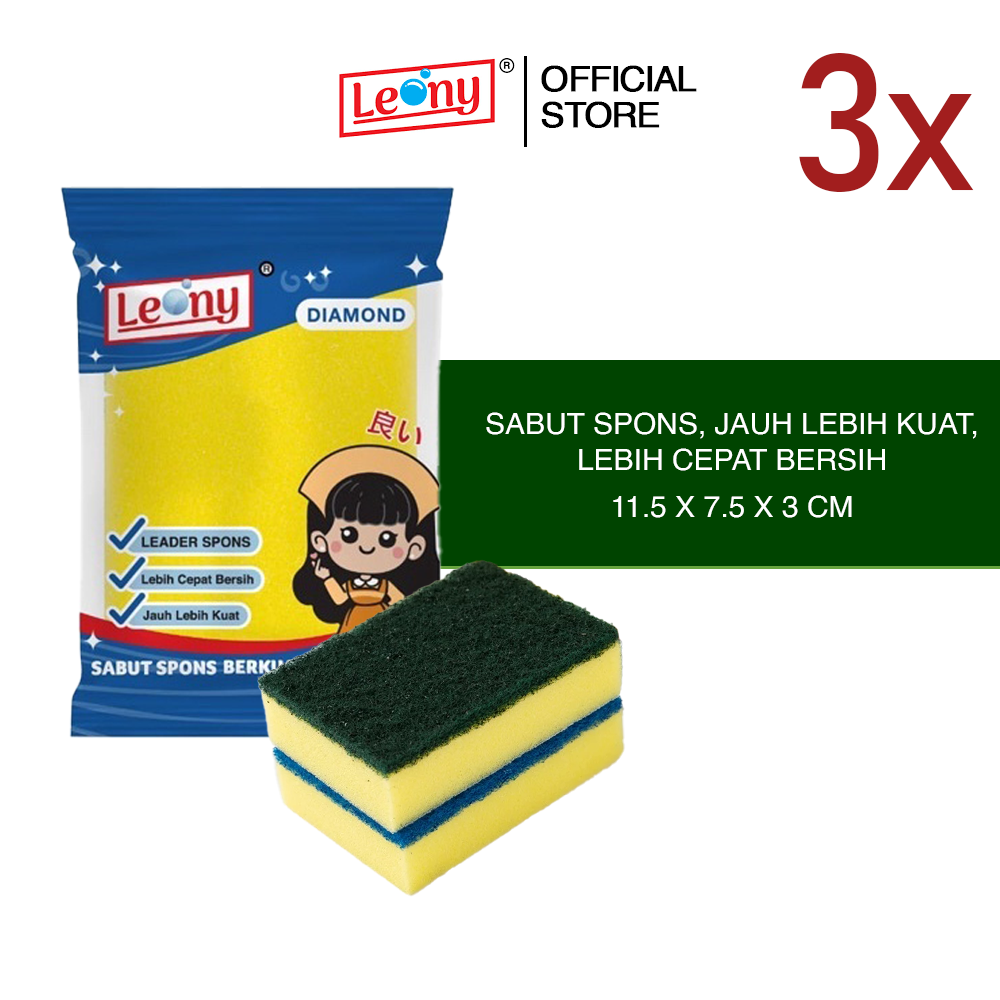3 Pcs Sabut Spons Leony Diamond Extra Kuat Cuci Piring Anti Noda Peralatan Masak