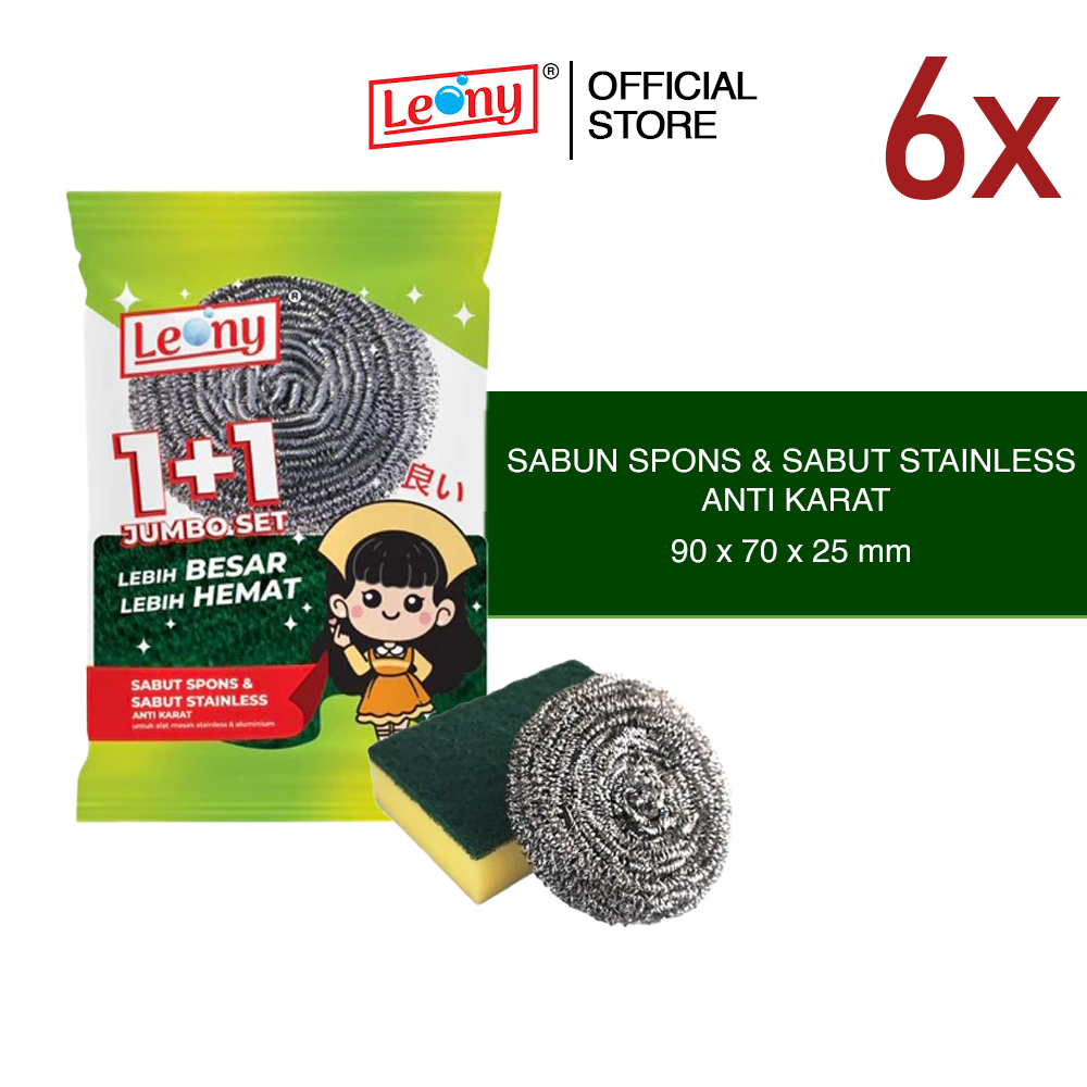 Paket 6 pcs Leony 1+1 Jumbo Set Spons & Sabut Stainless Anti Karat Lebih Besar Lebih Hemat