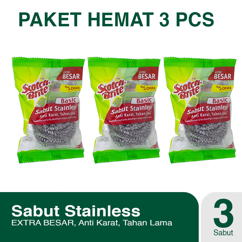 Paket 3 pcs Scotch-Brite 3M Sabut Cuci Panci Stainless Basic Anti Karat ID-T58