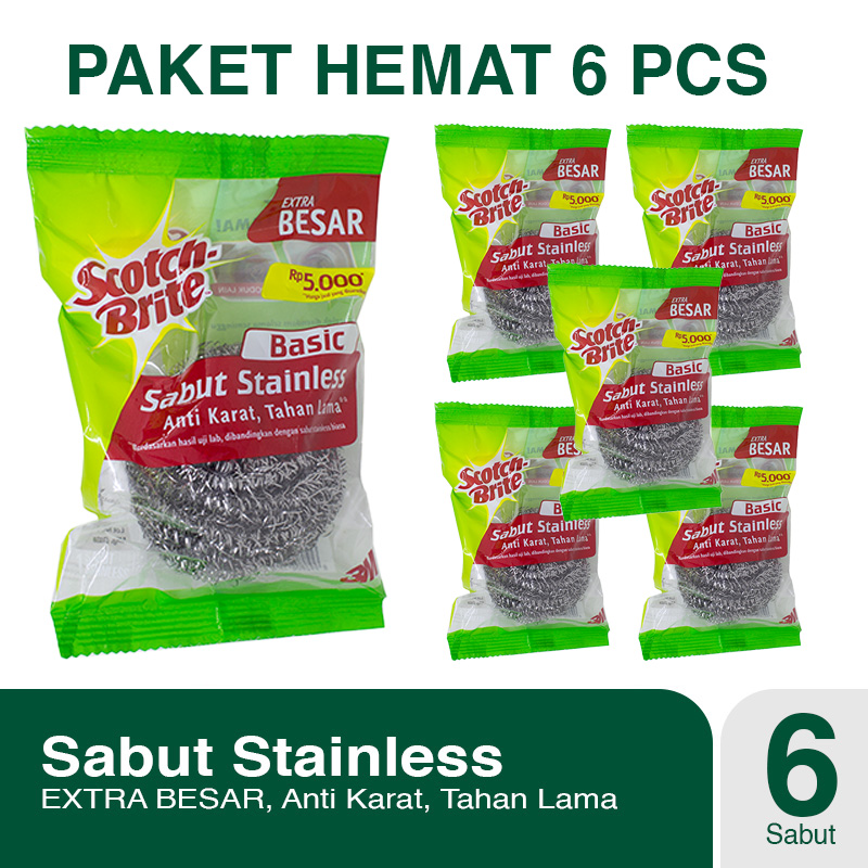 Paket 6 Pcs Scotch-Brite 3M Sabut Cuci Panci Stainless Basic Anti Karat ID-T58