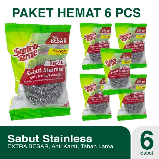 Paket 6 Pcs Scotch-Brite 3M Sabut Cuci Panci Stainless Basic Anti Karat ID-T58