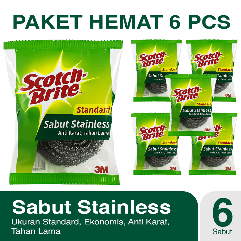 Paket 6 Pcs Scotch Brite Sabut Stainless Kawat Cuci Piring Ekonomis ID T57N