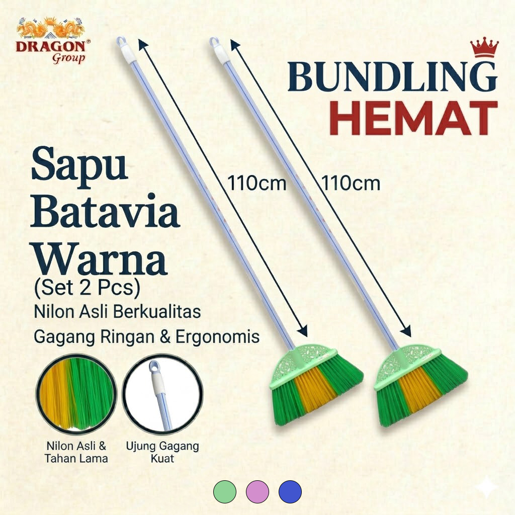 Paket 2 Pcs DRAGON Sapu Batavia Hitam 110Cm Pembersih Lantai Dust Remover Serbaguna SP151 Warna