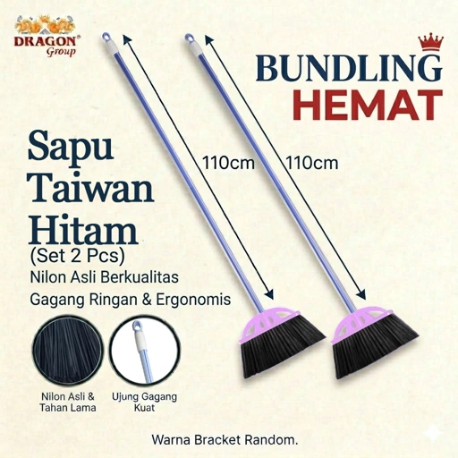 Paket 2 pcs DRAGON Sapu Taiwan Hitam 110Cm Pembersih Lantai Dust Remover Serbaguna SP151 Warna Random