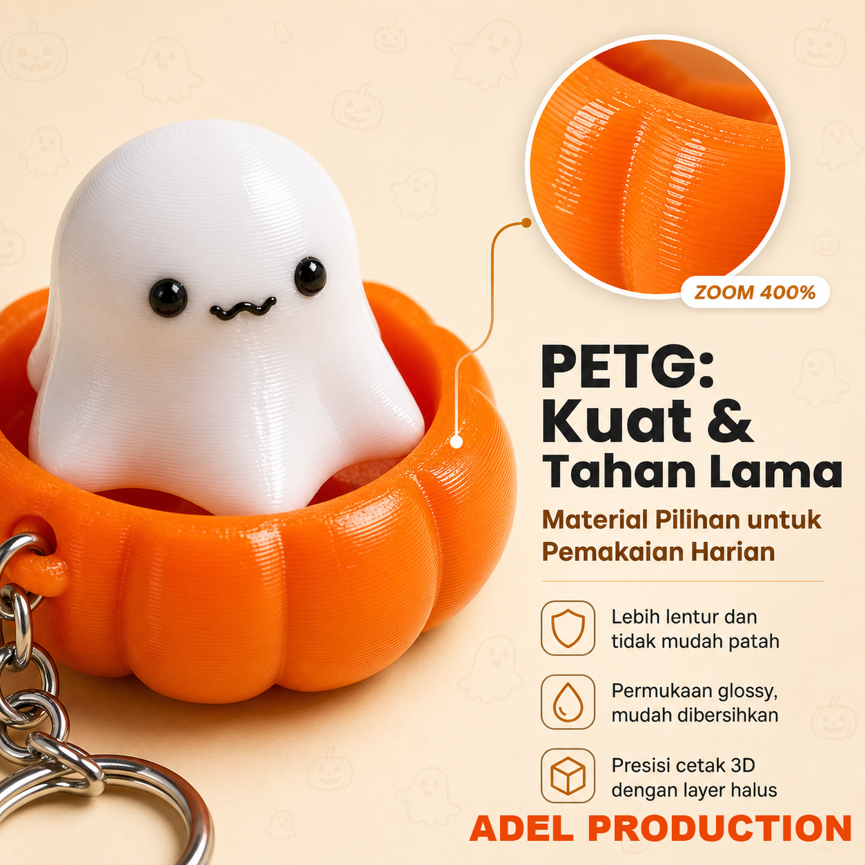 Ktmstore - Ghost Pumpkin Fidget Clicker Gantungan Kunci 3D PETG Mainan Anti Stres