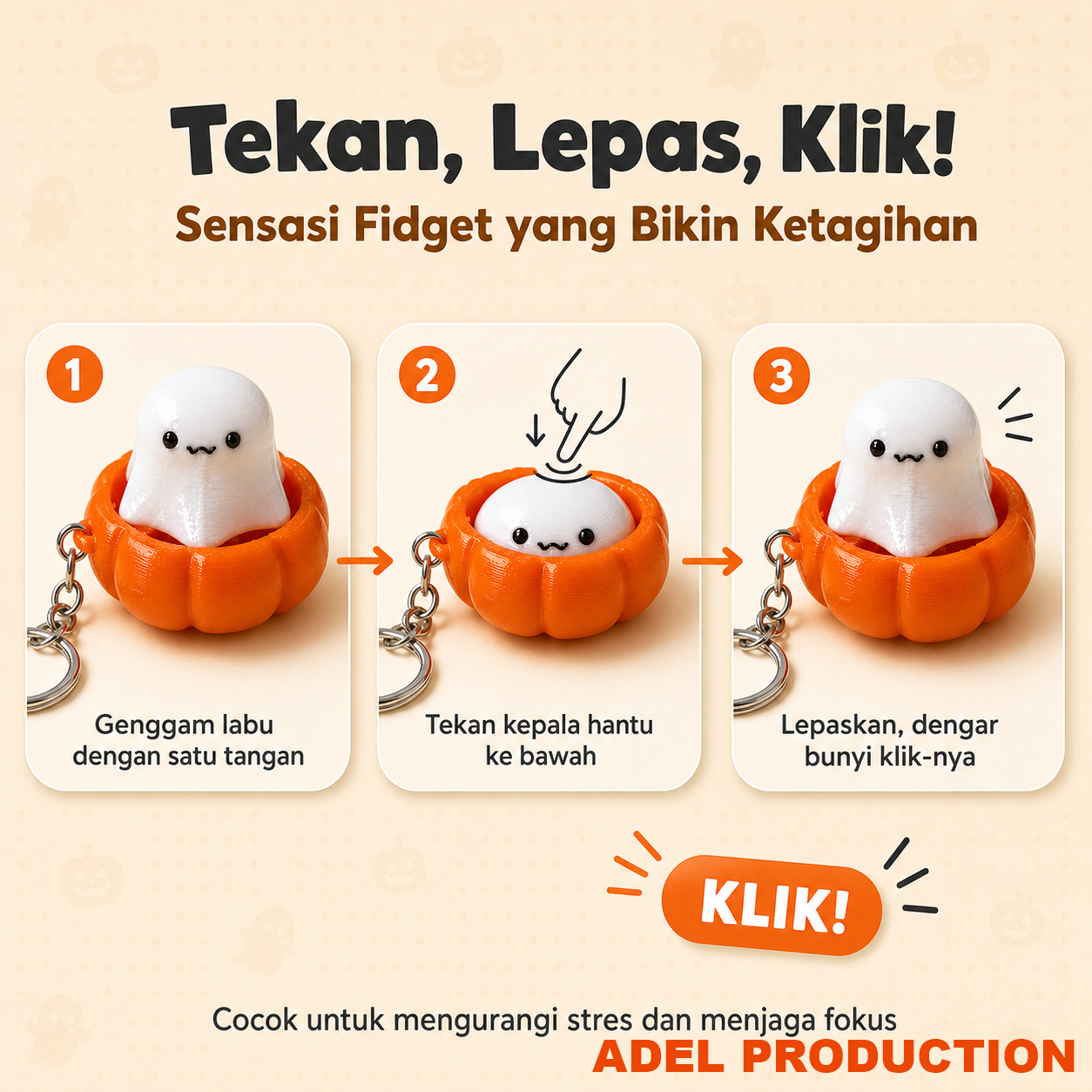 Ktmstore - Ghost Pumpkin Fidget Clicker Gantungan Kunci 3D PETG Mainan Anti Stres